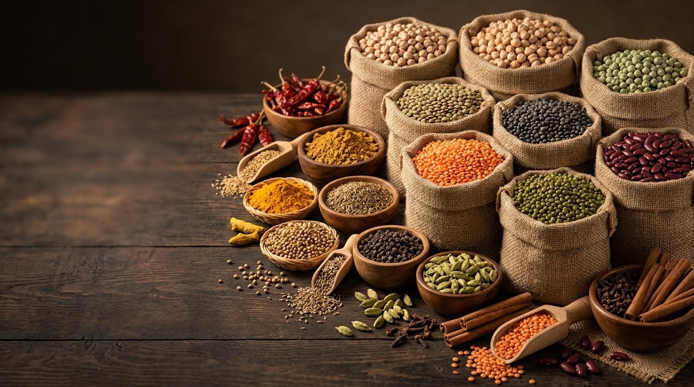 Pulses and spices in jute sacks and bowls